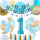 1er cumpleaños con decoración para niños: el paquete incluye 1 pancarta de feliz cumpleaños, 1 guirnalda de papel con brillo, adorno para pastel de 1 año, linterna de papel x 2, pompones x 3, bola de nido de abeja x 2, globo de cumpleaños número 1, globo de látex x 12, globos de confeti x 6, globos de papel de estrella grandes x 2, borla de papel de aluminio x 15