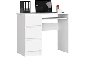 ‎AKORD Desk Office Table Computer Desk Work Table Laptop Table Office Furniture Student Desk PC Table 3 Drawers Left or Right Children's Room White