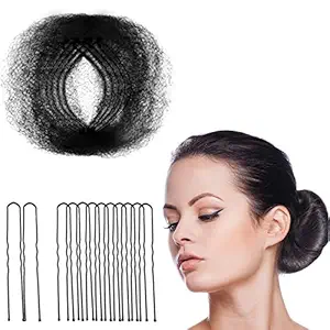 Hair Nets Invisible Elastic Edge Mesh and U Shaped Pins Set, 50 Pieces 50cm Individual Package Invisible Hair Nets, 40 Pieces U Shaped Pins for Women Bun (Black)