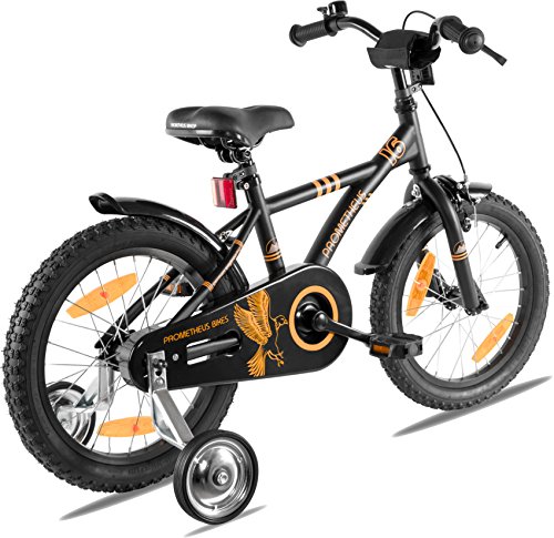 PROMETHEUS Kinderfahrrad 16 Zoll Jungen in Schwarz-Matt & Orange mit Metallic Stützrädern | Seitenzugbremse und Rücktrittbremse | ab 5 Jahren | 16“ BMX Edition 2017 - 8