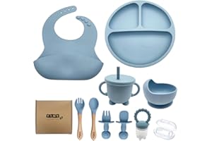 TINY TRENDSETTERS 11 Pcs Baby Weaning Set | BPA Free Silicone, Strong Suction Plate with Feeding Bowl | Adjustable Bib, Sippy Cup,Spoon Set,Forks Set, Fruit Feeder and Baby Toothbrush (Dusty Blue)