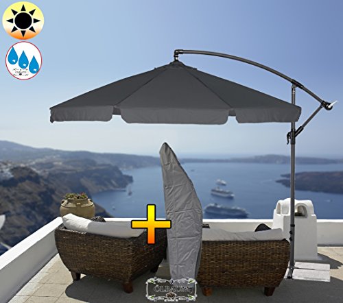 PREMIUM XXL Ampelschirm Durchmesser 3 Meter, 6-teilig, 6 Rippen, ca. 200 g/m² Polyester, Sonnenschirm UV50+ KOMPLETT mit Standkreuz, Standfuß + ca. 50 mm Mast, Überdach antrazit schwarz, Schirm Strandschirm, Klappschirm mit weichem Stoffbezug, anthrazit, Strandschirm klappbar mit Griff Sonnenschutz, Gartenschirm extrem wetterfest, seewasserfest, hochwertig robust stabil, Sonnenschutz, stabiler Schirm Klappschirm