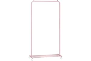 SONGMICS Stand Appendiabiti con Ruote, Appendiabiti Largo 74 cm, con Ripiano a Rete Fitta, Regge fino a 35 kg, 2 Ruote con Freno, Struttura in Metallo, Rosa Pastello HSR130R01