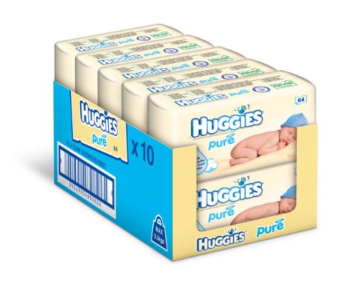 Huggies Pure Baby Wipes -  Pack of 10 (10 x 56 Packs, Total 640 Wipes)