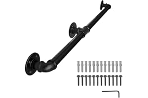 FSHIHINE Stair Handrail, 2.3m Wall Mount Grab Bar Railing Support Kit, Handrails for Stairs, Indoor & Outdoor, Heavy Duty Balustrades Staircase for Outside Steps Industrial Galvanized Black Metal Pipe