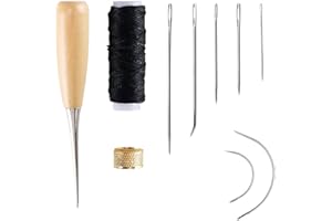 KINDPMA 10PCS Aiguilles à Coudre Cuir Set Couture Aiguille à Cuir Aiguilles à Main avec Rouleux Fil Awl et Dé à Coudre pour Cuir Tissu Epais Bord de Matelas