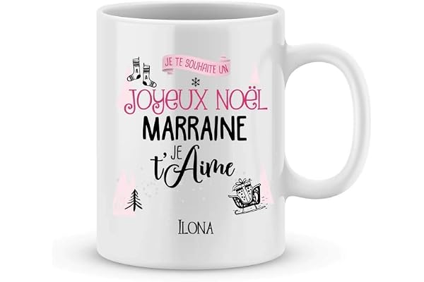 Mug Joyeux Noël MARRAINE à personnaliser avec votre prénom - Cadeau personnalisé pour votre marraine à Noël- cadeau personnalisé marraine Noël - Cadeau jour de l'an marraine- mug marraine