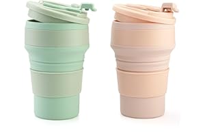 YIMINI 2 Stück 500ml Faltbecher, Faltbarer Kaffeebecher, Faltbare Reisebecher, Faltbare Trinkbecher Mit Deckel, Tragbare Silikon Becher, Wasserbecher Faltbar, Für Camping (Orange，Grün)