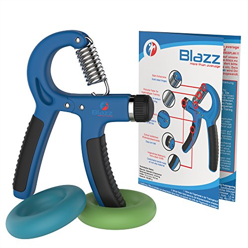 Blazz Unterarmtrainer Set - Fingerhantel mit verstellbarem Widerstand + 2 Grip- Ringe in verschiedenen Stärken - Bonus: Trainingsplan