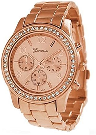 Women Dress Watches Geneva Stainless Steel wristwatch women Rhinestone Watch Luxury Casual Quartz watch (Rose gold)
