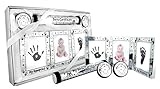 New Baby Unisex Boy Girl Gift 4 Piece Keepsake Set, First Curl and Tooth Box, Hand and Footprint Prints Kit (SHINY SILVER/BLACK)