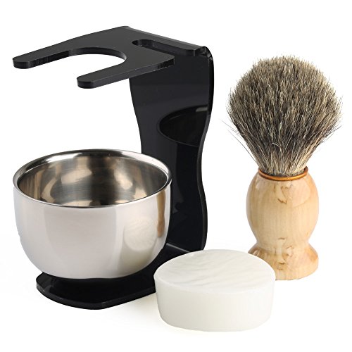 VERY100 4 in 1 Men Shaving Kits Badger Hair Brush + Razor Stand + Steel Bowl/Mug + Soap
