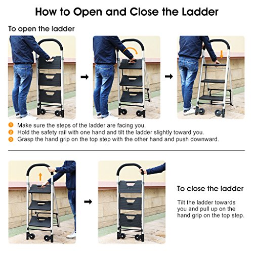 Finether 2-in-1 Klapptrittleiter & Sackkarre | Alu Leiter Klappleiter Trittleiter Klapptritt Stufenleiter Stehleiter Haushaltsleiter klappbar 3 Stufen bis 180 kg belastbar | Transportkarre Handkarre Paketroller Kistenkarre mit 2 Rädern faltbar bis 60 kg belastbar - 7
