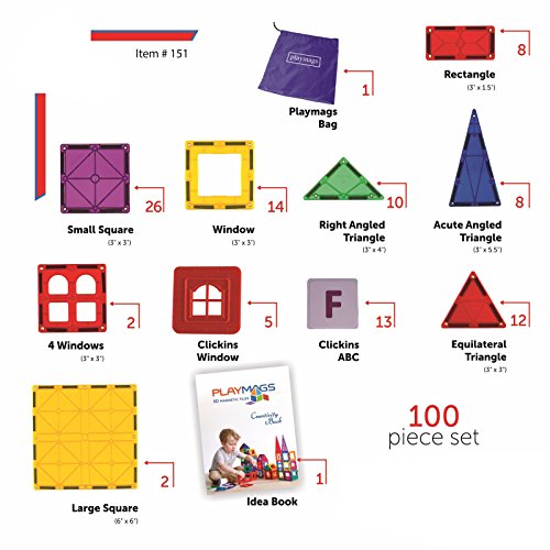 Playmags 100 + 18 Teiliges Set: Jetzt mit noch kräftigeren Magneten, robust, extrem strapazierfähig mit farbenfrohen klaren Platten. 18-teiliges Clickin-Zubehör, um Ihrer Kreativität keine Grenzen zu setzen! - 3