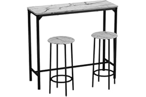URBNLIVING CANCUN Bar Table and Stools Set – Industrial Kitchen Dining Breakfast Counter Furniture with 2 or 4 Chairs, Space-Saving Design for Home & Small Spaces - 3 Piece - White Marble