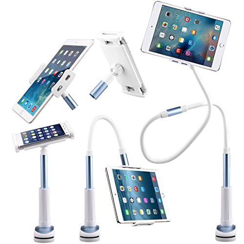 ACTOPP iPad Halterung Mehrfunktional Abnehmbar iPad Halter Ständer mit 120cm Schwanenhals 360 Drehen Tablet Halterung Kindle Halterung Handyhalter Handy Halterung Tablet Halter (Blau)