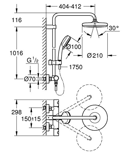 Grohe 27922001 Tempesta Cosmopolitan 210 - Sistema de ducha con termostato, alcachofa de 210 mm y teleducha de 100 mm con dos chorros y acabado cromado