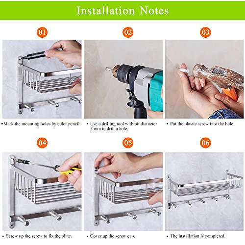 homeideas 2-in-1-Extrem Fest & rostfrei rechteckig Badewanne und Dusche Regal Korb, Wand montiert Badezimmer Bad Caddy/Aufbewahrung mit 5 Handtuchhalter Haken Kleiderbügel, gebürstet, SUS304 Edelstahl, Edelstahl, Silber, C-Rectangular(2-in-1) - 6