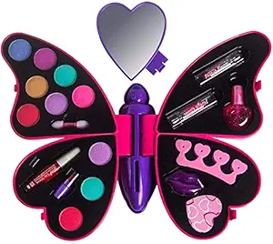 Jugutoz Butterfly Princess Cosmetics Makeup Kits,Portable Girls Washable Makeup Toy Non Toxic Deluxe Make up Case Set for Kids Girls