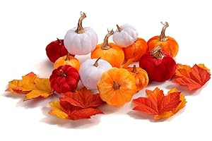 ‎HOLLYONE Hollyone 12 Stück Kürbis Deko Set Herbst Künstliche Samt Kürbisse Mini mit 24 Pcs Ahornblätter Herbstdekoration für Thanksgiving Halloween Erntedankfest Home Dekoration