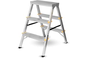 ‎FORYOURPROTECTION Trittleiter 3 Stufen Klapptritt Aluleiter, beidseitig begehbar 150 kg Traglast, TÜV-geprüft (2x3 150 TÜV)