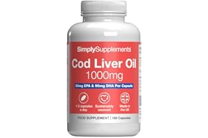 SIMPLY SUPPLEMENTS Pure Cod Liver Oil 1000mg | Supports Heart, Brain, Vision & Immune Health | Rich in Omega 3 Fatty Acids | 240mg of EPA and 270mg of DHA per Serving | 180 Capsules = 2 Months' Supply | Made in The UK