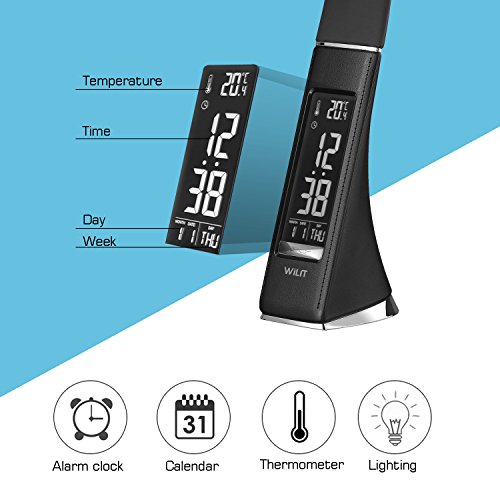 WILIT® U2 5W edle und moderne LED Schreibtischlampe in Lederoptik mit integriertem Wecker, Kalender, Uhrzeit und Temperaturanzeige, in 3 Helligkeitsstufen verstellbar, schwarz - 5