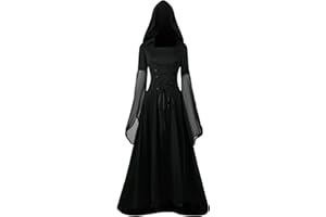 NFAOEGJ Gothic Kleidung Damen Schnürkleid mit Kapuze, Vintage Mittelalter Gebunden Taille Kleid, Renaissance Party Festlich Cosplay Dress, Halloween Kostüm Damen