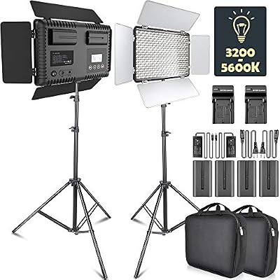 SAMTIAN Lumiere LED Video, SAMTIAN Dimmable Bi-Color 600 Lampes de Studio à LED 600 Kit d'éclairage: Panneau d'éclairage 3200K-5600K à LED avec Plan de Travail, Support d'éclairage de 2 m pour vidéo, Youtube