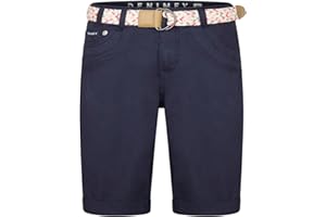 DENIMFY Bermudas Pantalones cortos para mujer con cinturón, corte regular, pantalones chinos, pantalones cortos de verano, hasta la rodilla, elásticos, monocolor, blanco, beige, rosa, azul, oliva,