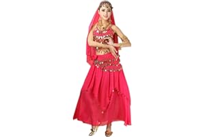 Xinvivion 4 Piece Women Ladies Belly Dance Professional Costume Set Indian Dance Performance Outfit Suit, M(fit 45-70KG), Rose Red