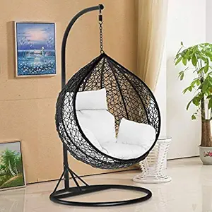 JGS Metal Single Seater Swing Chair for Home Balcony Outdoor Garden Patio Hanging Jhula Chairs for Adults Kids Swing Hammock with Accessories Cushion Hook & Stand (Black_110KG)