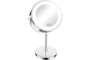 TEHEO Vanity Mirror with Lights 10x Magnifying Makeup Mirror LED Light up Mirror Round 360° Rotation for Bathroom Dressing Table Desk Bedroom - Free Standing Battery Operated
