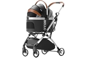 D'llesell Passeggino per animali domestici 3 in 1, pieghevole, da viaggio, per cani e gatti, con trasportini staccabili, trolley in alluminio con copertura antipioggia, colore nero