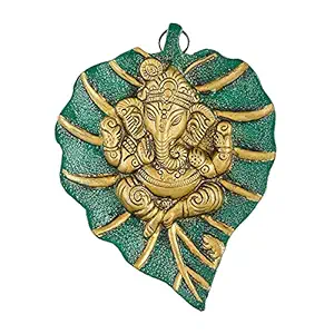 Great Art Metal Lord of Ganesh Sitting On Pipal Left/Home Office Wall Hanging Golden Color Ganesh Statue For Home Decor