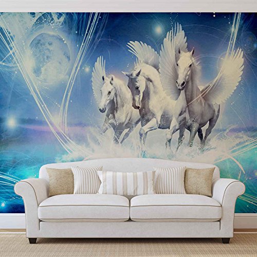 Geflügelte Pferde Pegasus Blau- Forwall – Fototapete – Tapete – Fotomural – Mural Wandbild – (588WM) – XXL – 312cm x 219cm – VLIES (EasyInstall) – 3 Pieces - 4