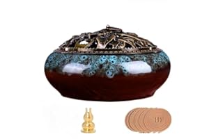DUOHEMENG Große Weihrauch-Brenner, Keramik-Räucherstäbchen-Brenner mit Deckel Geeignet für Sage、 Mosquito Weihrauch, und Charcoal，Various Weihrauch, mit 10 Spulen Weihrauch + Fireproof Baumwolle innen.