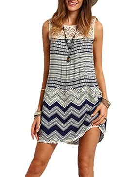 ZEARO Sommer Damen Minikleid Tunika Strandkleid Hohle Spitze Druck Kurz Kleider