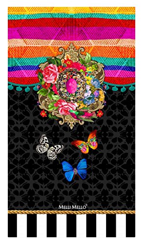 Melli Mello schwarzen Strandtuch Serena mit bunte Mustern, Schmetterlinge und Blumen, 180 x 100 x 0,5 cm, mehrfarbig