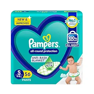 Pampers All round Protection Pants, Small size baby diapers (SM) 56 Count, Anti Rash diapers, Lotion with Aloe Vera