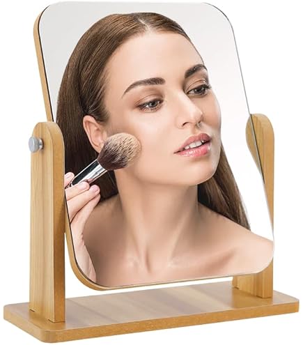 Espejo De Pie Pequeño Con Base De Madera Giratoria 360°, Marco De Bambú Natural, Ideal Para Tocador, Dormitorio O Baño, Ligero Y Portátil, Regalo Perfecto Para Amantes Del Maquillaje