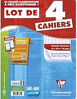 Clairefontaine 643361c - Un lot de 4 cahiers piqués 96 pages 24x32 cm 90 grands carreaux, couverture carte pelliculée...
