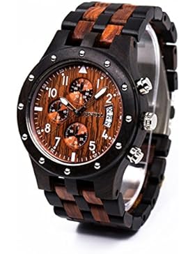 Bewell W109D Herrenuhr Multifunktionale Quartz Armbanduhr Sport-Chronograph-Funktion mit Kalender Anzeige Hölzerne...