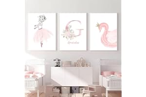 Youihom 3 Affiches Chambre Bebe Fille Cygne Rose Tableau 30x40 Poster Prenom Personnalisé Mural Enfant Deco sans Cadre
