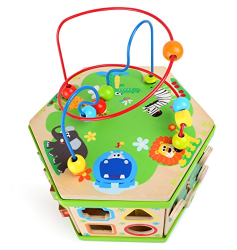 Motorikwürfel Safari aus Holz, vielfältige Spielerlebnisse auf sieben Spielflächen, mit Motorikschleife, Schiebespiel und Rechenschieber, für kleine Entdecker ab 3 Jahren - 6