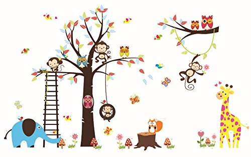 Colorfulworld ® Großer Baum with Jungle Zoo &Giraffe Monkey Elephant Bird Wall Stickers Decal Paper for Children Room Gift (1213) - 3