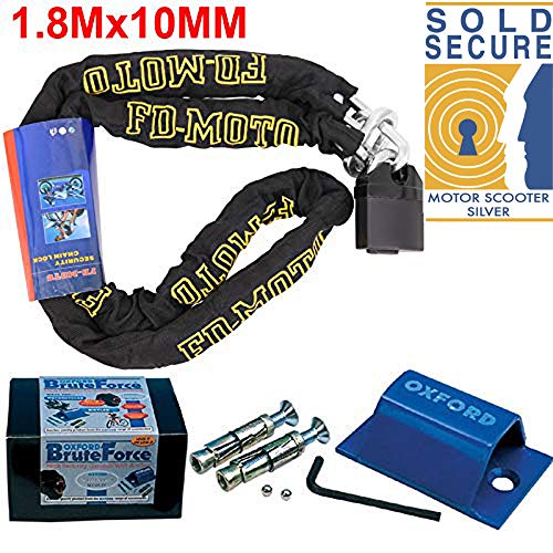 FD-MOTO 1,8M*10mm Antifurto Lucchetto Chiusura a Catena del Motociclo e Bicicletta Scooter Robusto 3,9KG con Oxford OF439 Ground Anchor