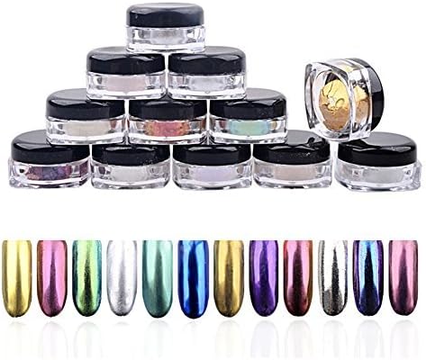 Nail Mirror Powder Set,Molie 12 Colors Nail Art Chorme Effect Nail Spell Mirror Metallic Nail Polish Pigment DIY with Sponge Stick 2g/ Box