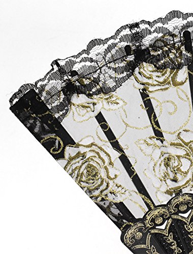 sourcingmap® Spanisch Rosen Muster Tanze Hochzeit Party Gewebe faltend Handventilator Schwarz - 2