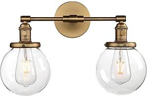 Phansthy Vintage Wall Lights with Globe Glass Shade 2 Lights Wall Sconces Double Head Wall Lights with Switch Retro Style Rustic Wall Lamps for Living Room Dining Room Bedroom Vanity Mirror (Antique)